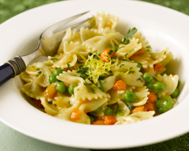 Buttons and bows pasta in a bowl