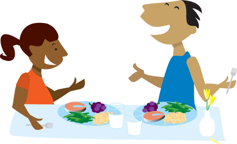 Cartoon image of a man and woman each with a plate of food and a glass of milk