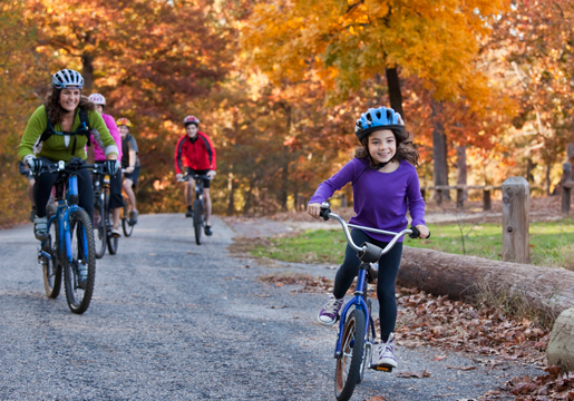 Line of adults and kids on bikes