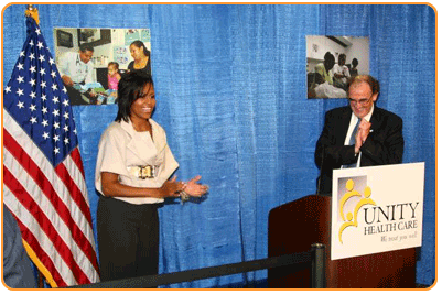 First Lady Michelle Obama announces new grants while visiting Unity Health Care's Upper Cardozo Health Center in Washington DC