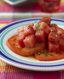 Watermelon and tomato salad on a plate