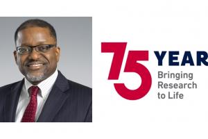 photo of Dr. Gary Gibbons, M.D, Director of NHLBI, with text 75 Years Bringing Research to Life